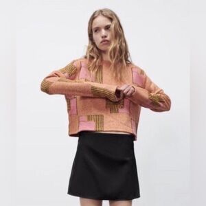 Zara Jacquard Geometric Cropped Sweater Orange Pink Size Small